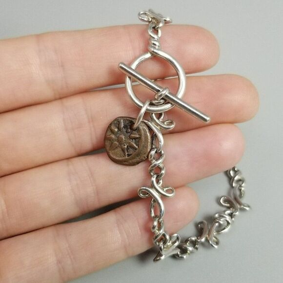 Vintage The Gift Premier Designs Silver Tone Copper Coin Accent Toggle Bracelet - Picture 2 of 7